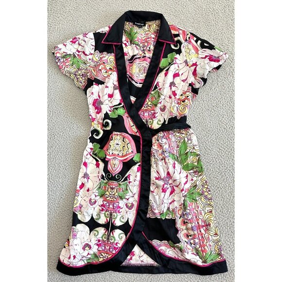 Vintage Bebe Silk Kimono Dress Wrap Belted Asian 90s Y2K - Picture 1 of 15